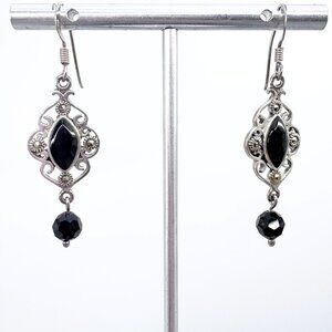 VTG Sterling Silver 925 Black Onyx Marquise Scroll Design Dangle Earrings 2" L